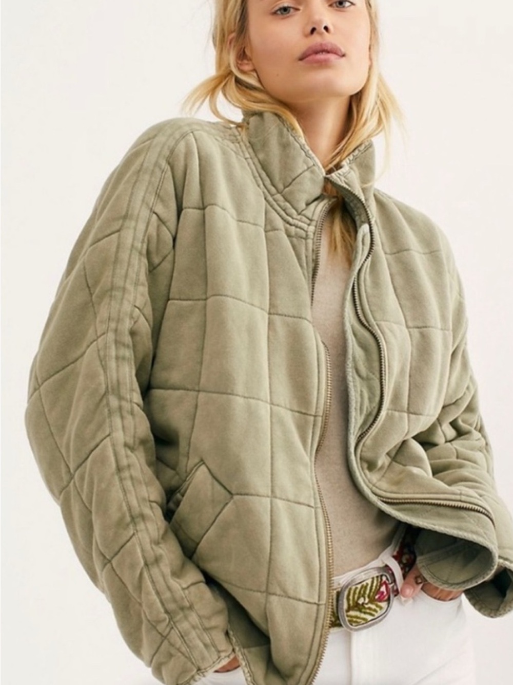 Free People doleman Quilted moss Zip-Front Jacket sz Large